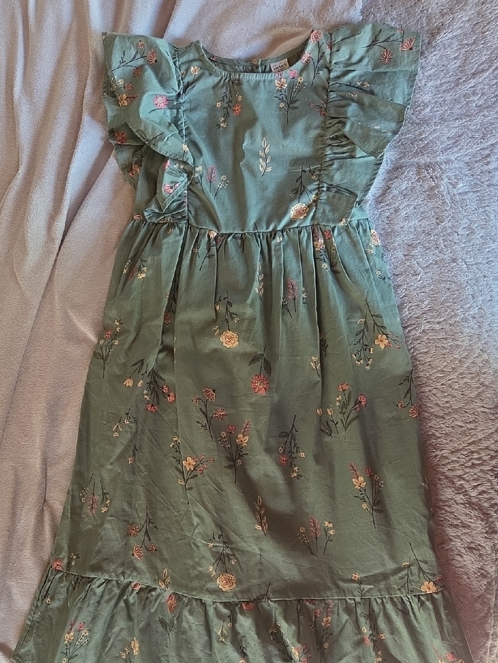 Carter's Girls Olive Green Floral Dress with Ruffle Shoulders - Size 7